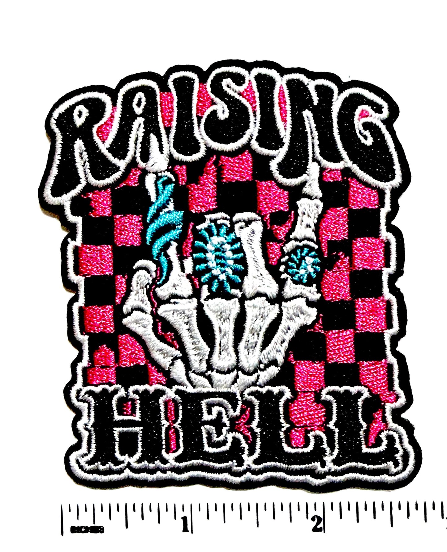 Raisin Hell, Skelly girl checkered patch - Embroidered Iron on pathetic 3.5”