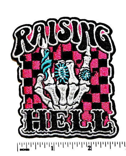 Raisin Hell, Skelly girl checkered patch - Embroidered Iron on pathetic 3.5”