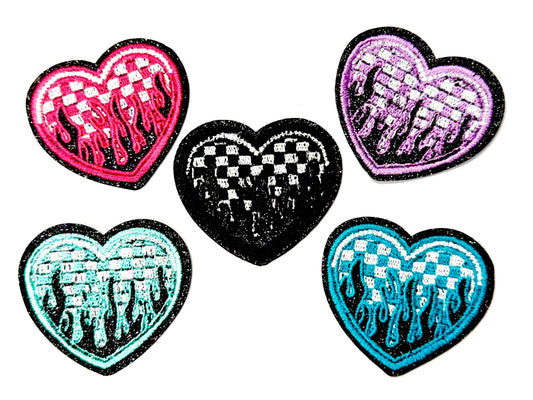 Checkered Hearts with Flames and glitter borders Iron On Patches 2”