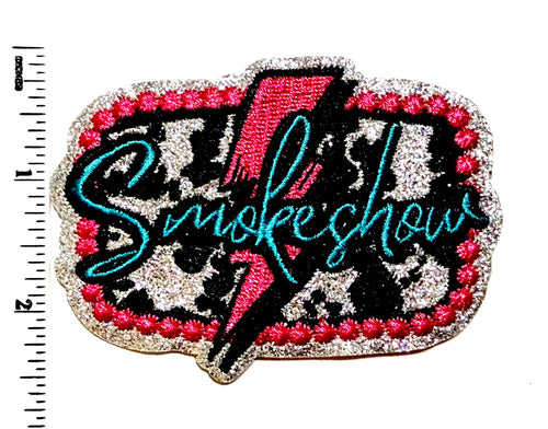Embroidered Smoke Show iron on Patch – Cow Print Lightning Bolt, Glitter Details