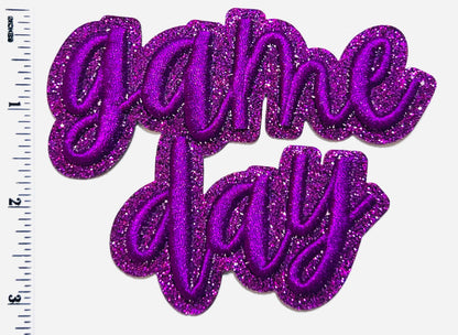 Game Day Purple puff letters - Embroidered Iron on patch with glitter background