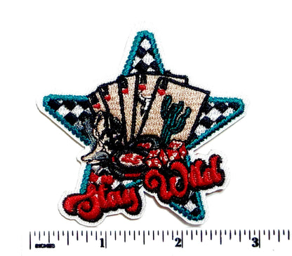Stay Wild checkered Star and Poker Cards Embroidered Patch - DIY Iron-On Applique