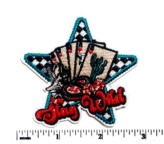 Stay Wild checkered Star and Poker Cards Embroidered Patch - DIY Iron-On Applique
