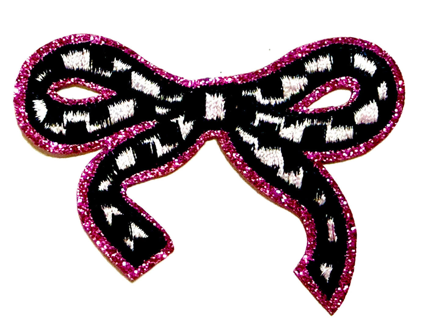 Checkered bow with glitter outline patches - Embroidered DIY iron on patch