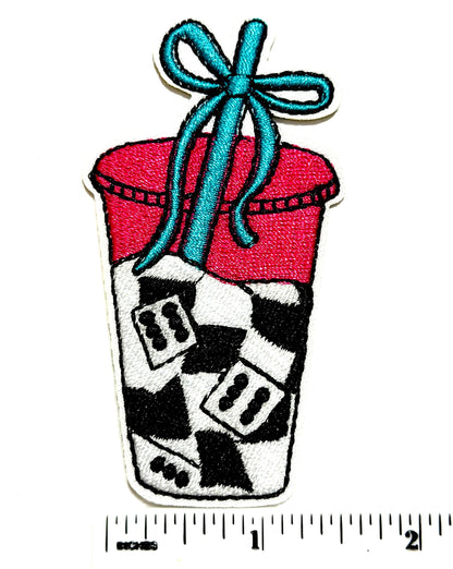 Iced coffee with dice checkered patch - Embroidered DIY Iron on patches