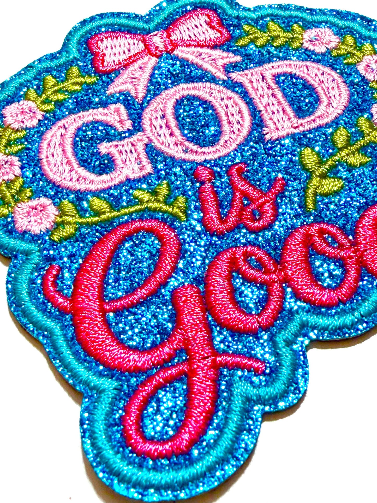 God is Good Embroidered Iron On Patch with blue glitter , DIY Applique