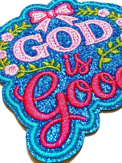 God is Good Embroidered Iron On Patch with blue glitter , DIY Applique