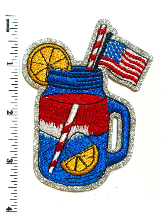 Patriotic Mason Jar Iced Tea Lemonade Embroidered Iron on Patch 3.5”