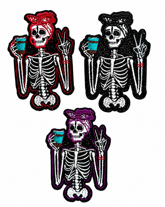 Skelly Girl with Coffee patch - Embroidered Iron On patch with glitter 3”