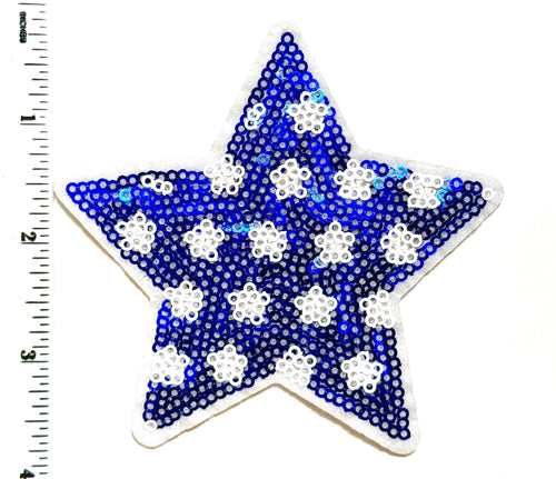 Blue Star with polka dots Sequin Patch – Iron-On DIY Applique (3.5")