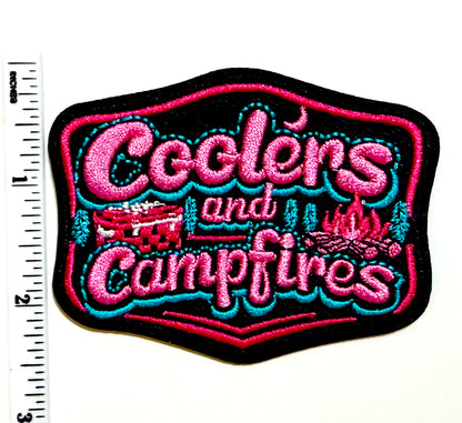 Coolers and Campfires patch- Embroidered Iron on patch 3.25”