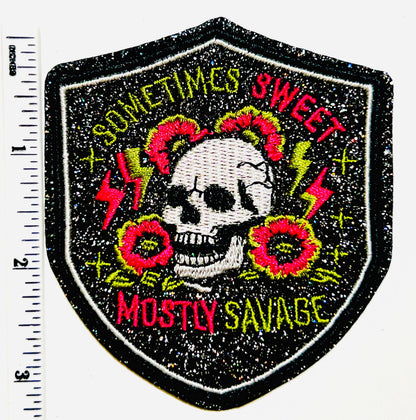 Sometimes sweet Mostly savage patch - Embroidered DIY Iron on patch with glitter background