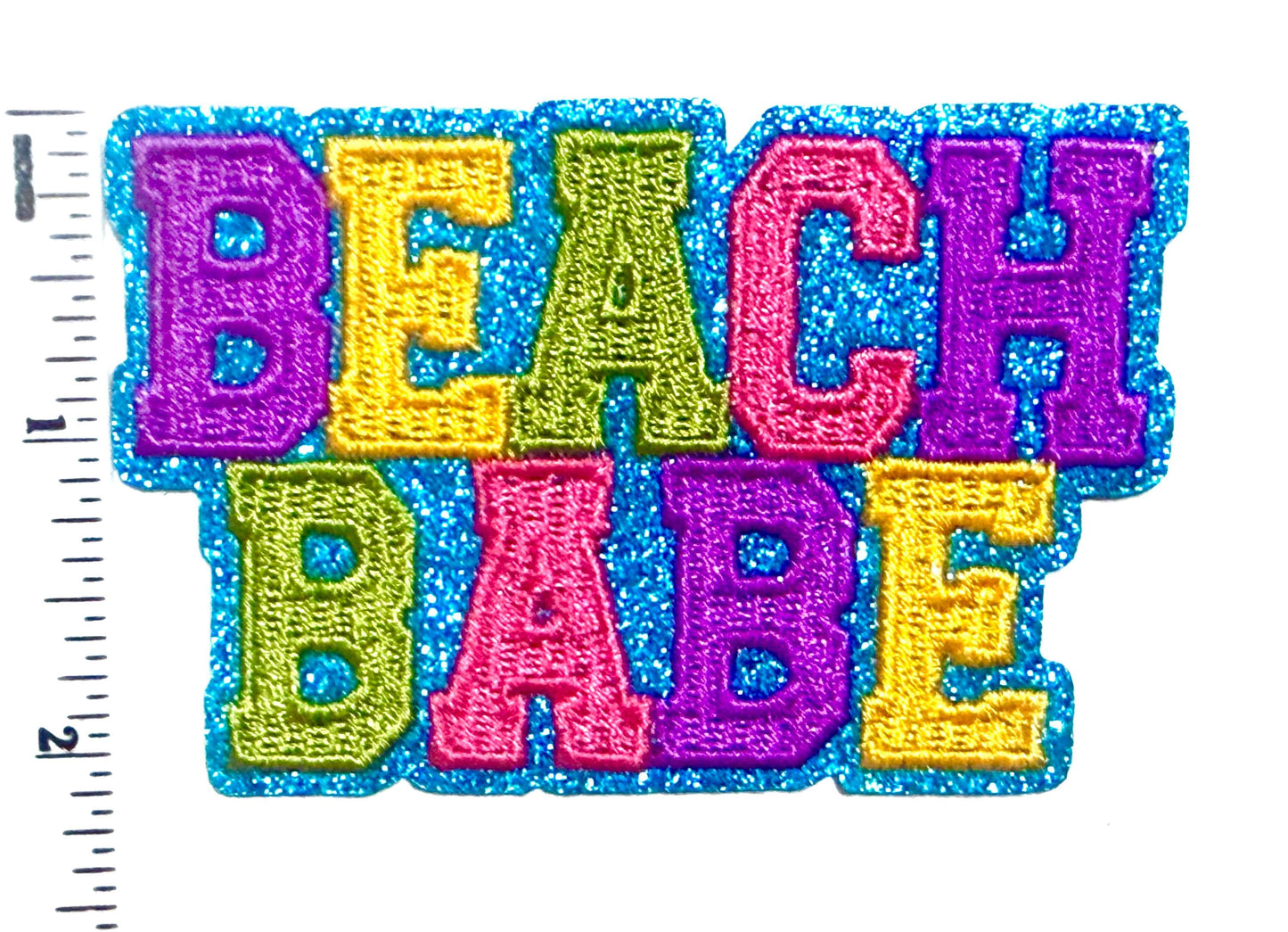 Beach Babe - Embroidered Iron on patch with blue glitter outline