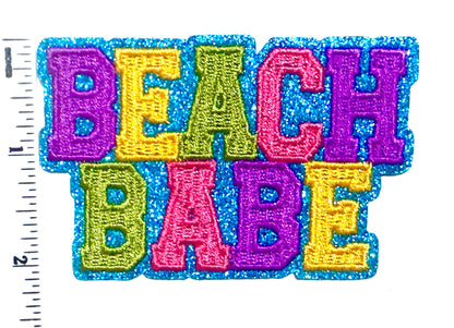 Beach Babe - Embroidered Iron on patch with blue glitter outline