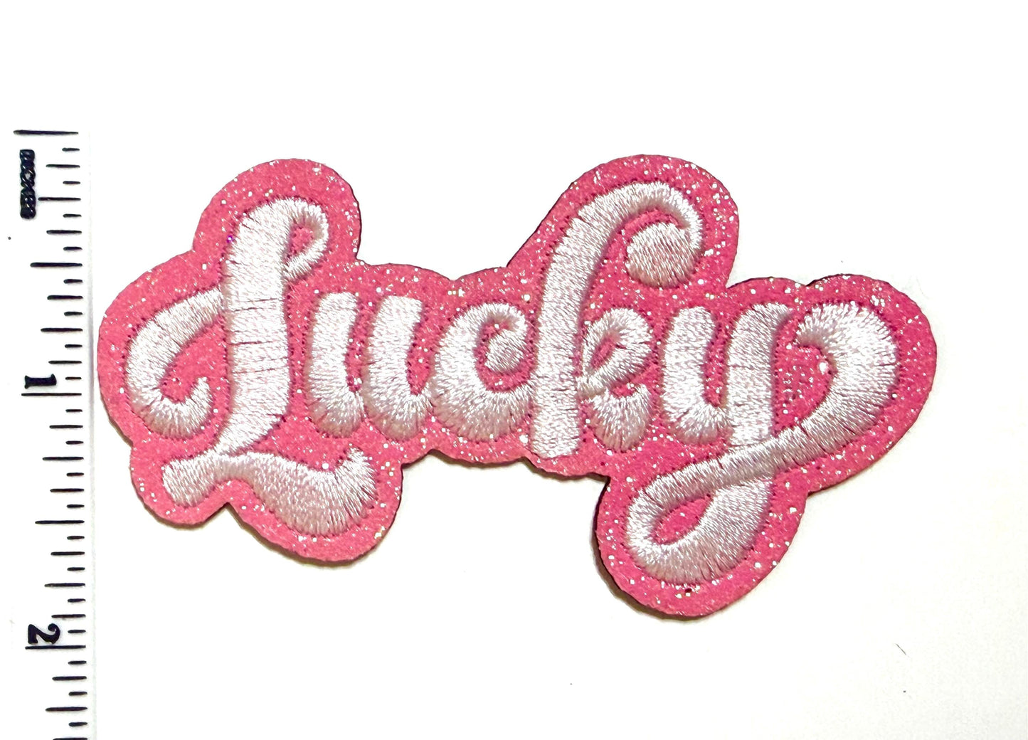 Lucky with pink glitter patch - Embroidered Iron On Patch 3.25"