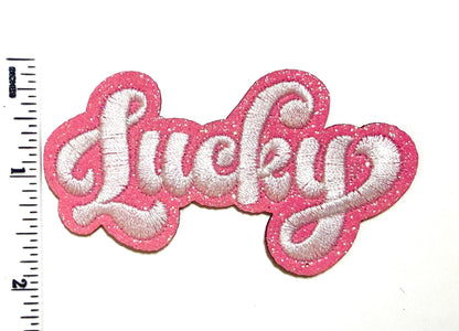 Lucky with pink glitter patch - Embroidered Iron On Patch 3.25"