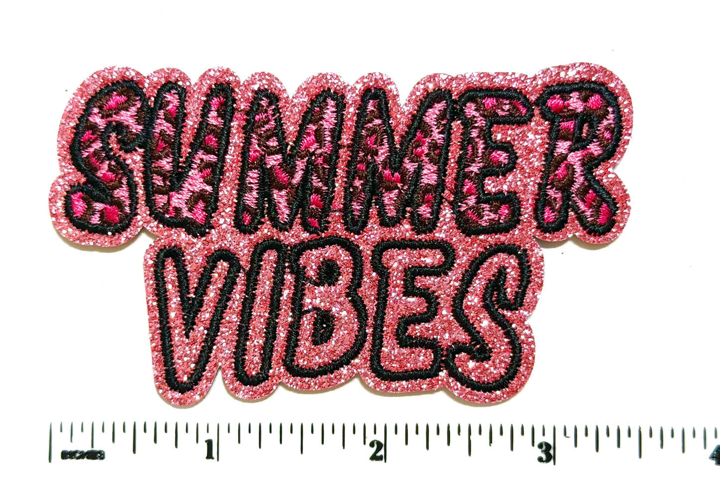 Summer Vibes Pink Glitter Patch – Embroidered Iron-On Applique