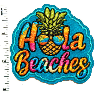Hola Beaches patch - Embroidered Iron On Leatherette patch 3”