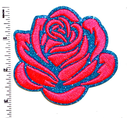 Rose Neon Pink & glittered - Embroidered Iron On Patch 3”