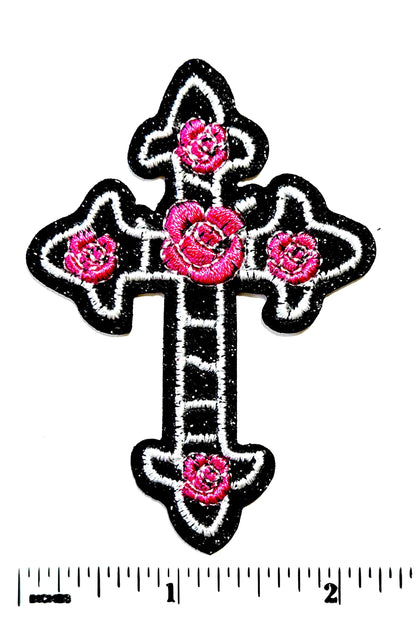 Embroidered Cross Patch with Pink Roses – Glitter Iron-On Appliqué