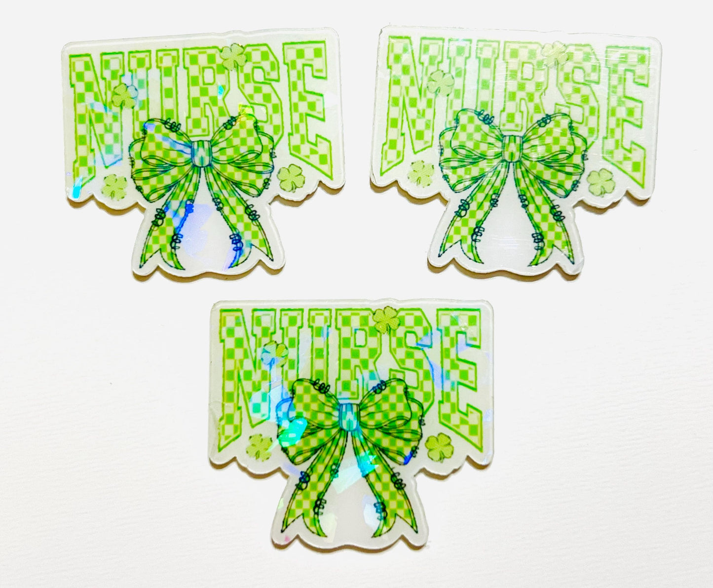 St. Patrick’s Day nurse with bow holographic acrylics - flatback acrylics set of 3