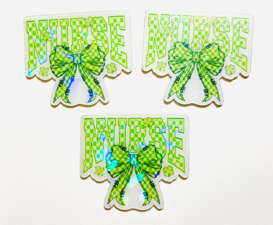 St. Patrick’s Day nurse with bow holographic acrylics - flatback acrylics set of 3
