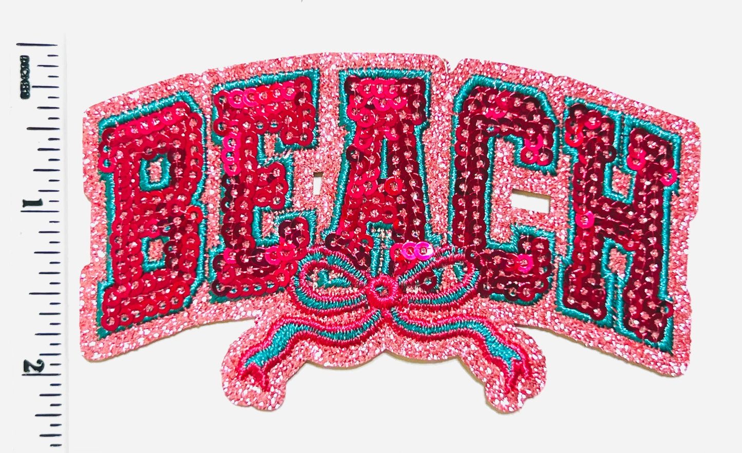 Beach *pink with teal outline* with a bow - Sequins DIY  Iron on patch