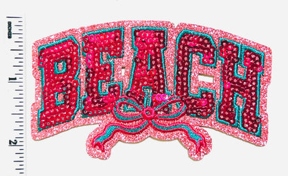 Beach *pink with teal outline* with a bow - Sequins DIY  Iron on patch