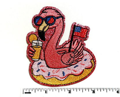 Embroidered Pink Flamingo – Glittery Patriotic Donut Float 3.25”