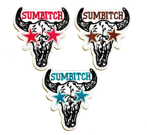 Cow skull star eyes Sumbitch Country patch - Embroidered Iron on patch 3”
