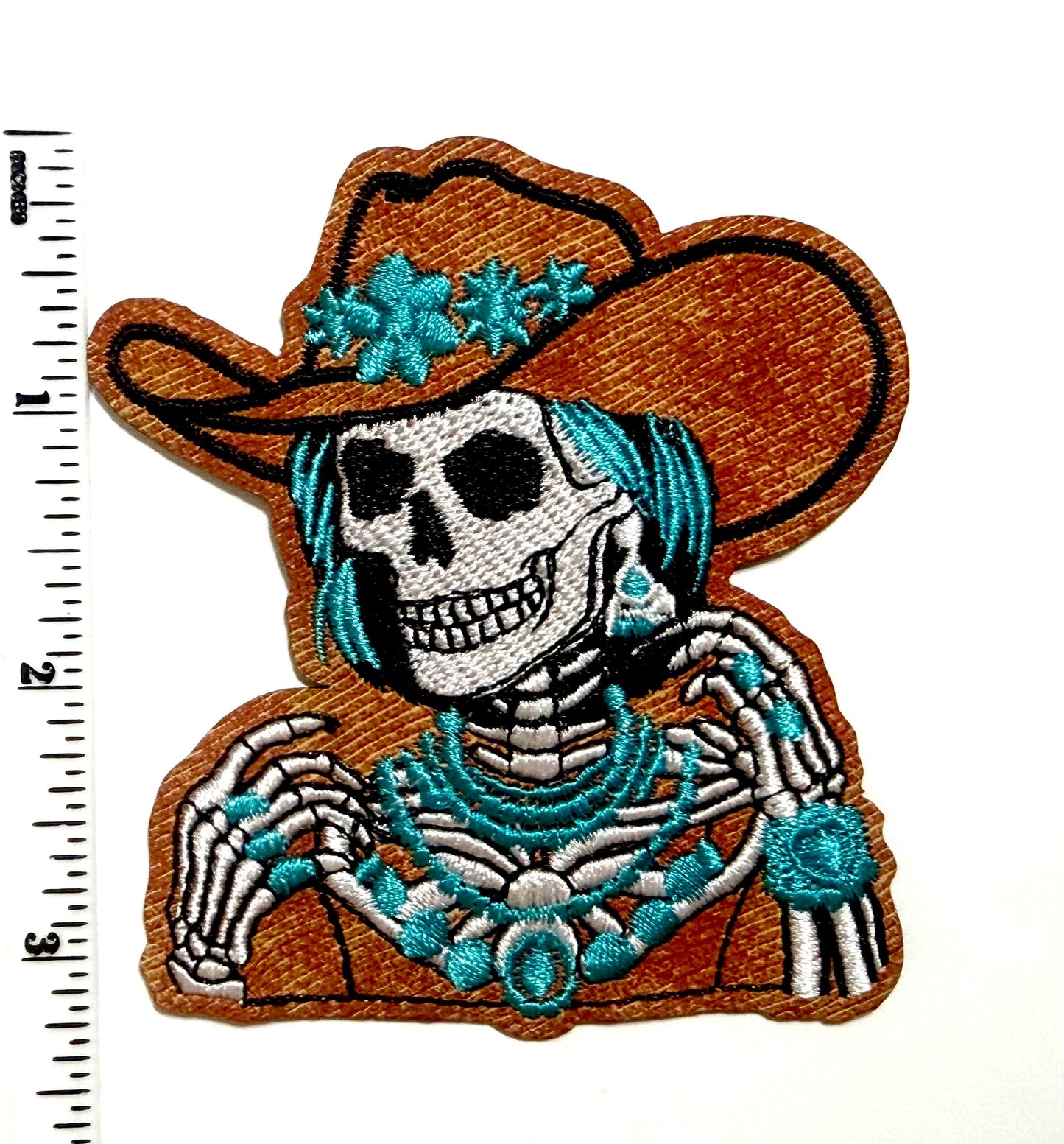 Turquoise Skeleton Cowgirl - Leatherette Iron on patch 3”