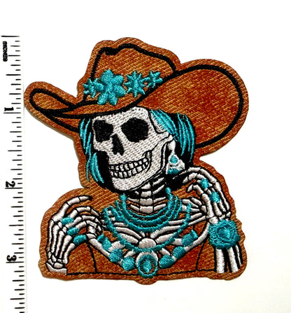 Turquoise Skeleton Cowgirl - Leatherette Iron on patch 3”