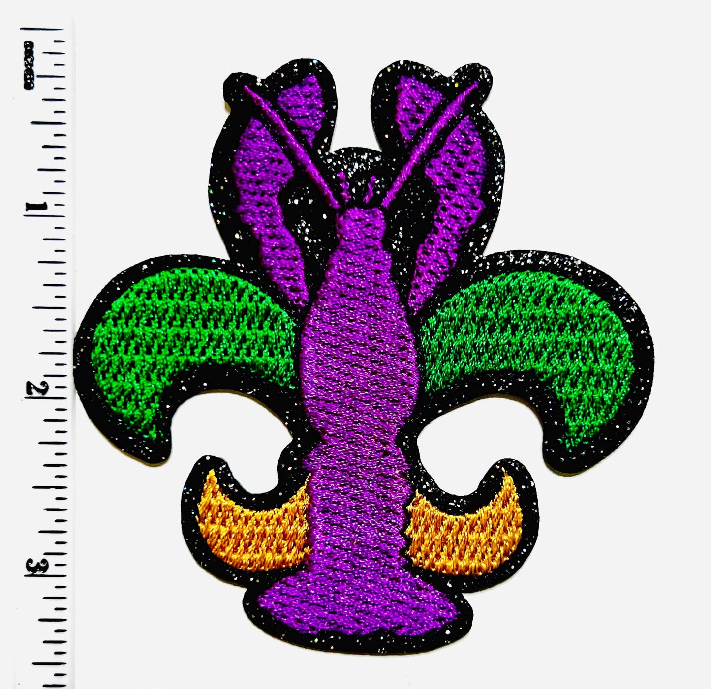 Crawfish fleur de lis with glitter outline - embroidered DIY Iron on patch