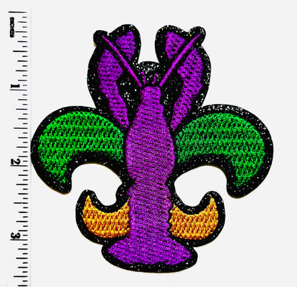 Crawfish fleur de lis with glitter outline - embroidered DIY Iron on patch