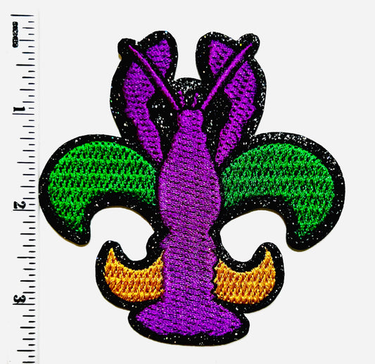 Crawfish fleur de lis with glitter outline - embroidered DIY Iron on patch
