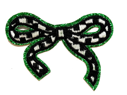 Checkered bow with glitter outline patches - Embroidered DIY iron on patch