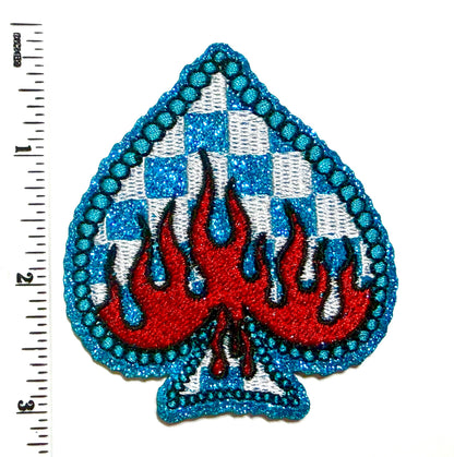 Checkered Spades with flames & blue glitter patch – Iron On DIY Applique