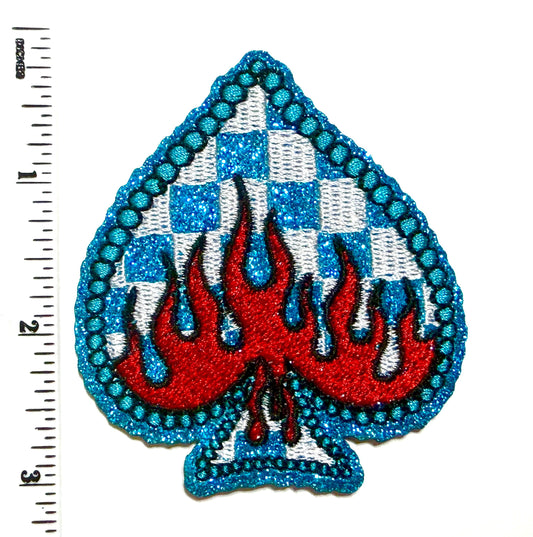 Checkered Spades with flames & blue glitter patch – Iron On DIY Applique
