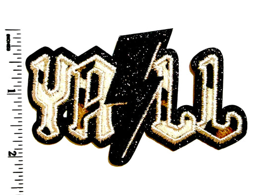 Y’all with black glitter lightning bolt patch - Embroidered Iron on patch