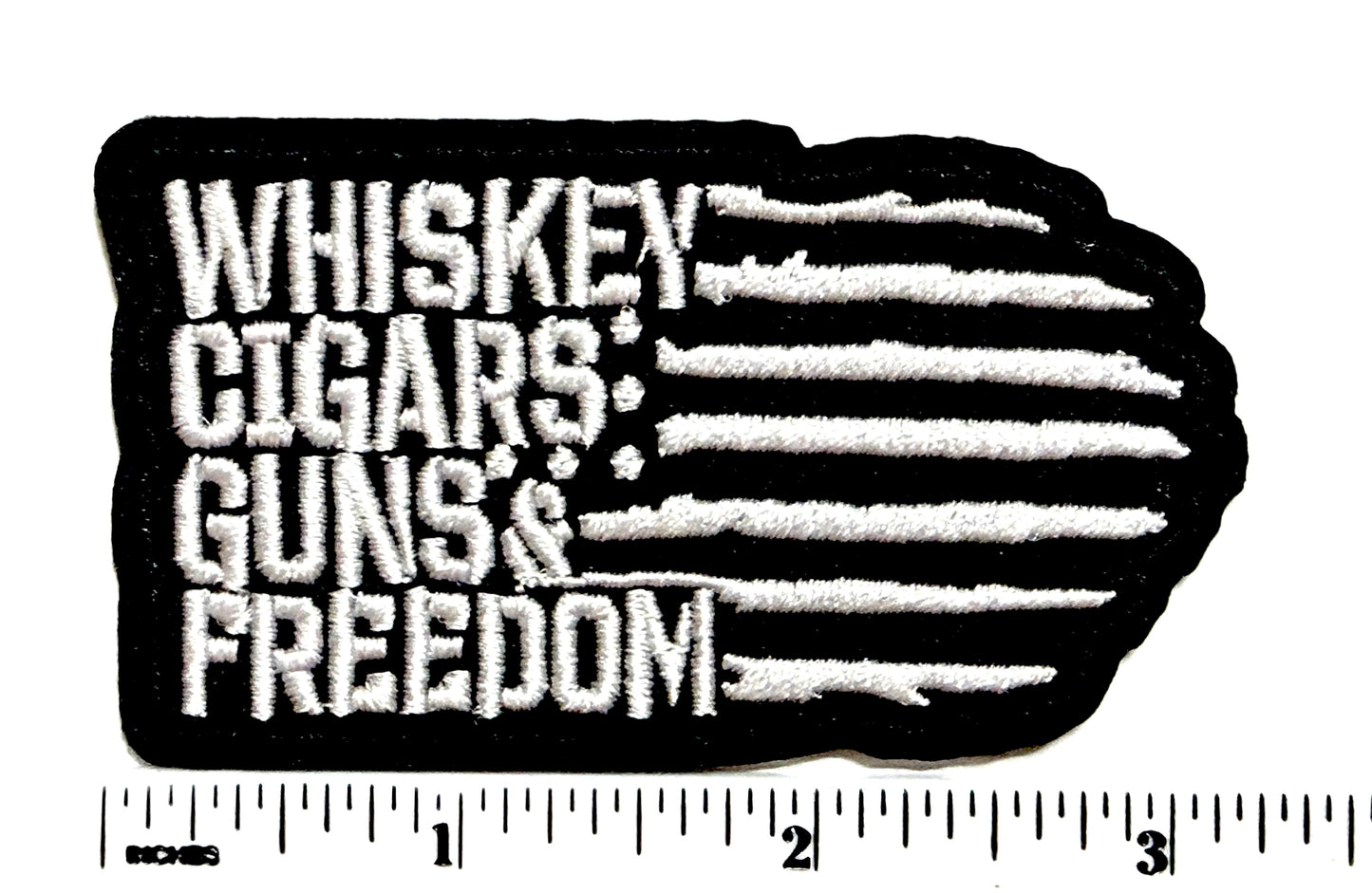 Whiskey Cigars Guns & Freedom American flag - Embroidered Iron On Patch 3”