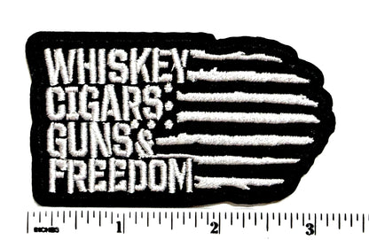 Whiskey Cigars Guns & Freedom American flag - Embroidered Iron On Patch 3”