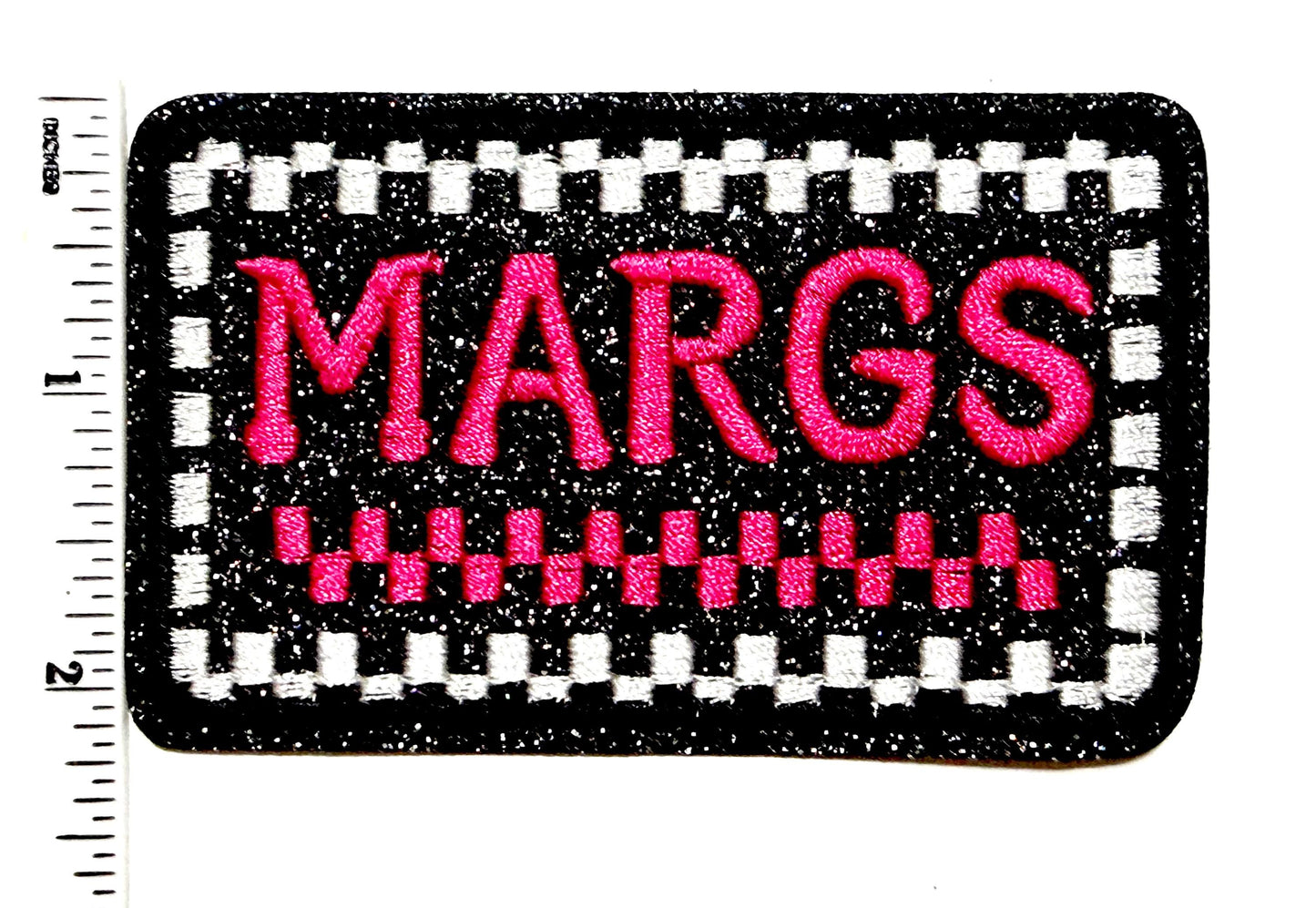 MARGS hot pink checkered patch - Embroidered Iron on patch with glitter