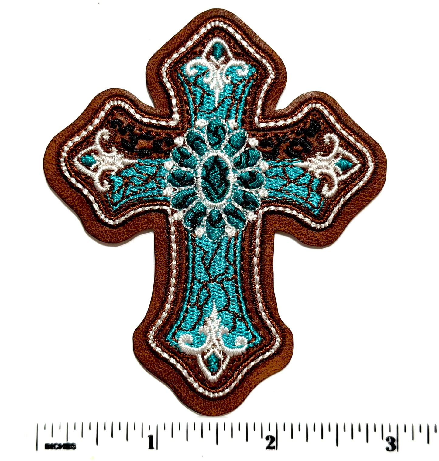 Turquoise Cross patch - Leatherette Embroidered Iron On Patch 3.25”