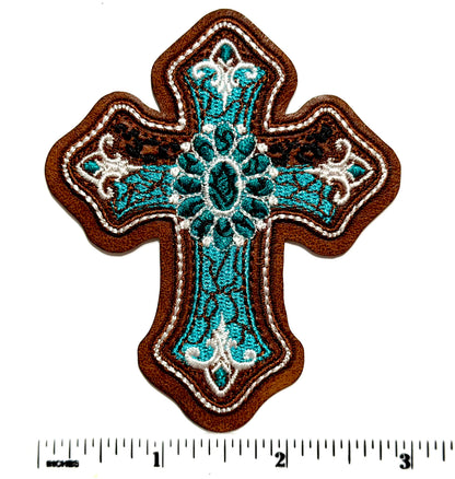 Turquoise Cross patch - Leatherette Embroidered Iron On Patch 3.25”