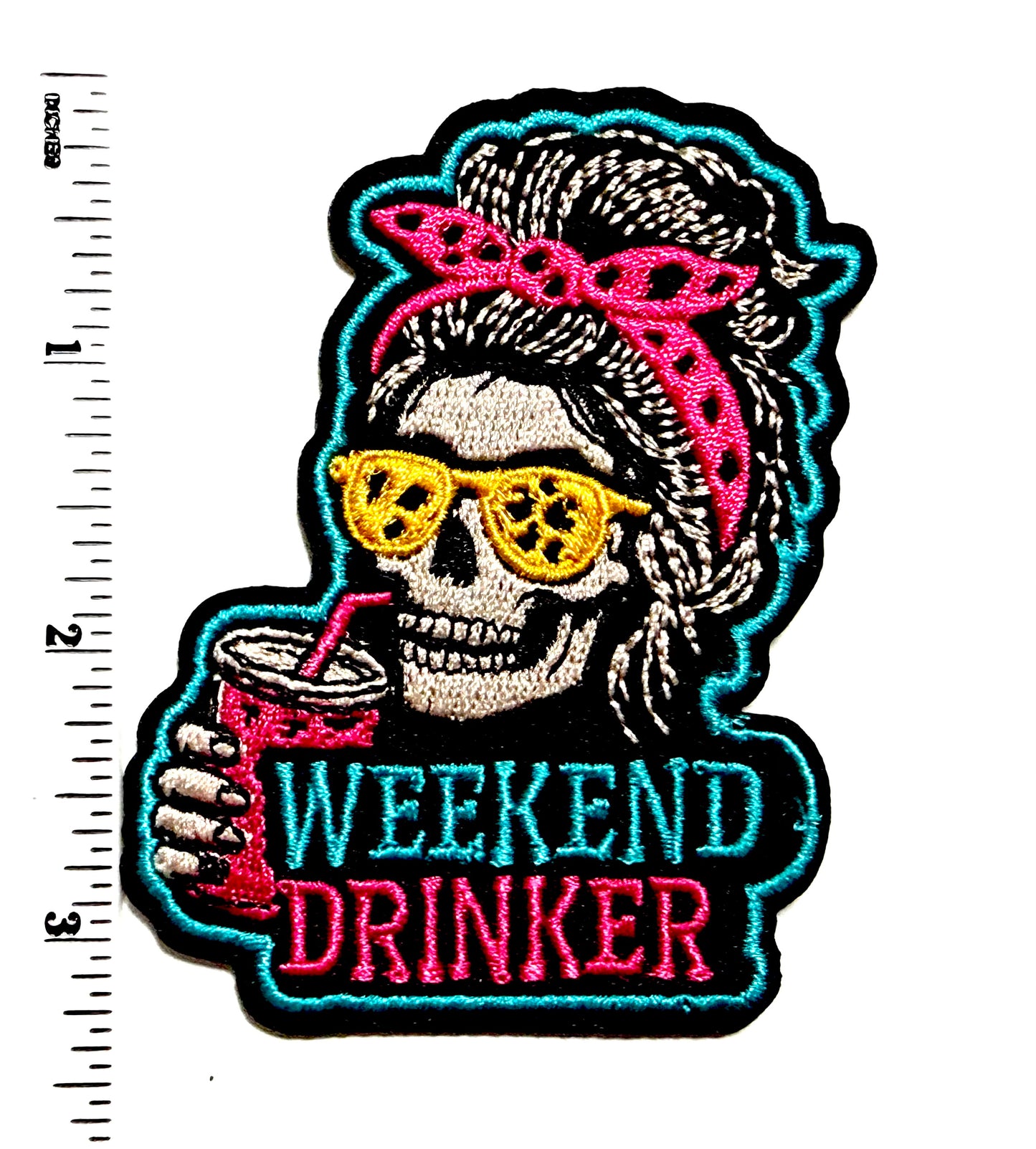Skelly Girl Messy Bun Weekend Drinker patch - Embroidered Iron On Patch 3.25”