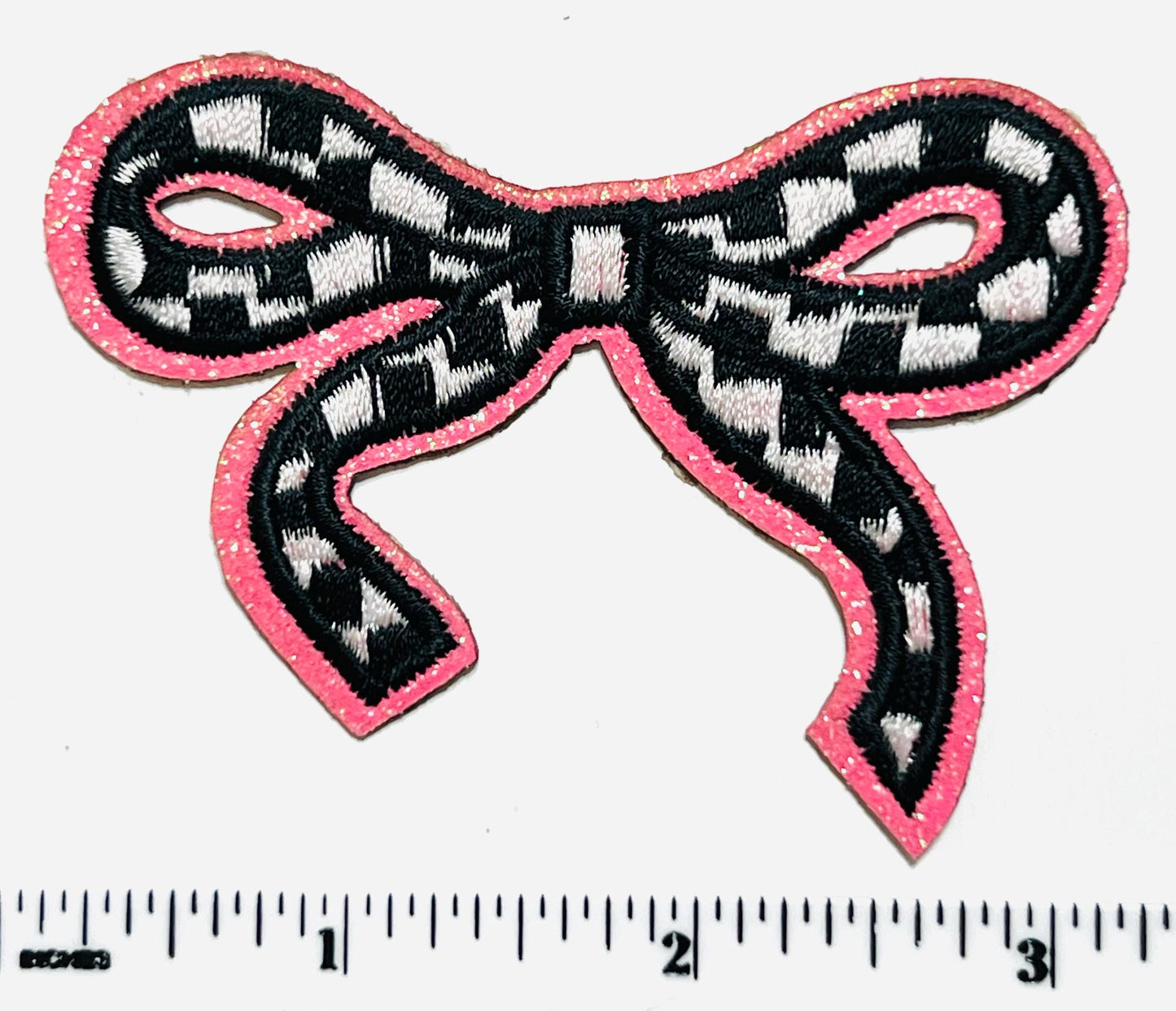 Checkered bow with pink glitter outline patch - Embroidered DIY iron on patch