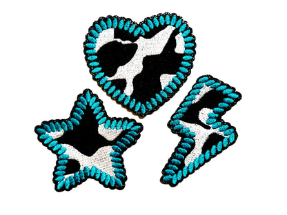 Cow print & Turquoise Patches - heart, lightning bolt, star - Embroidered Iron-On patches