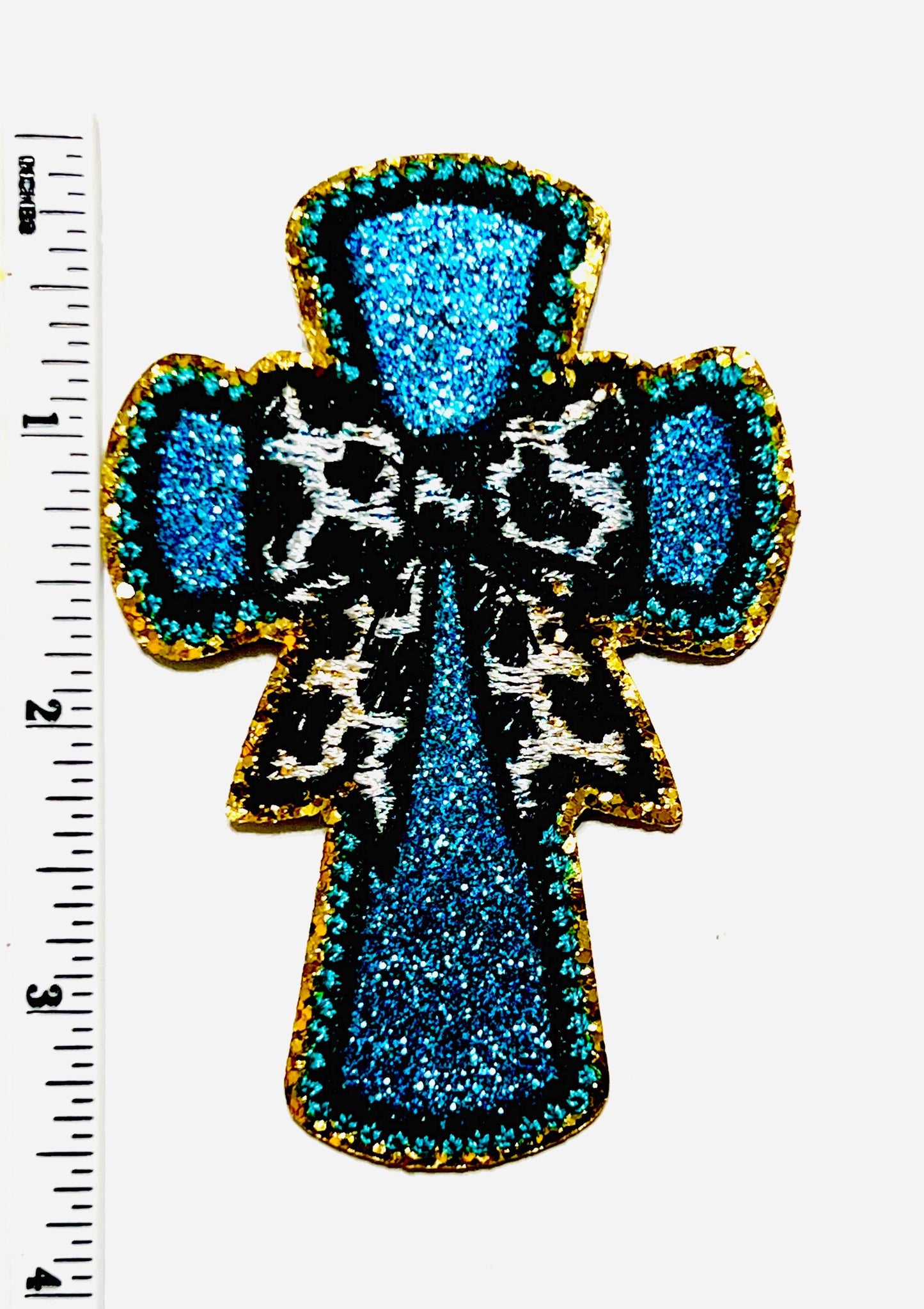 Turquoise Cross Glitter & Leopard Print Bow - Embroidered Iron On Patch 3.5”