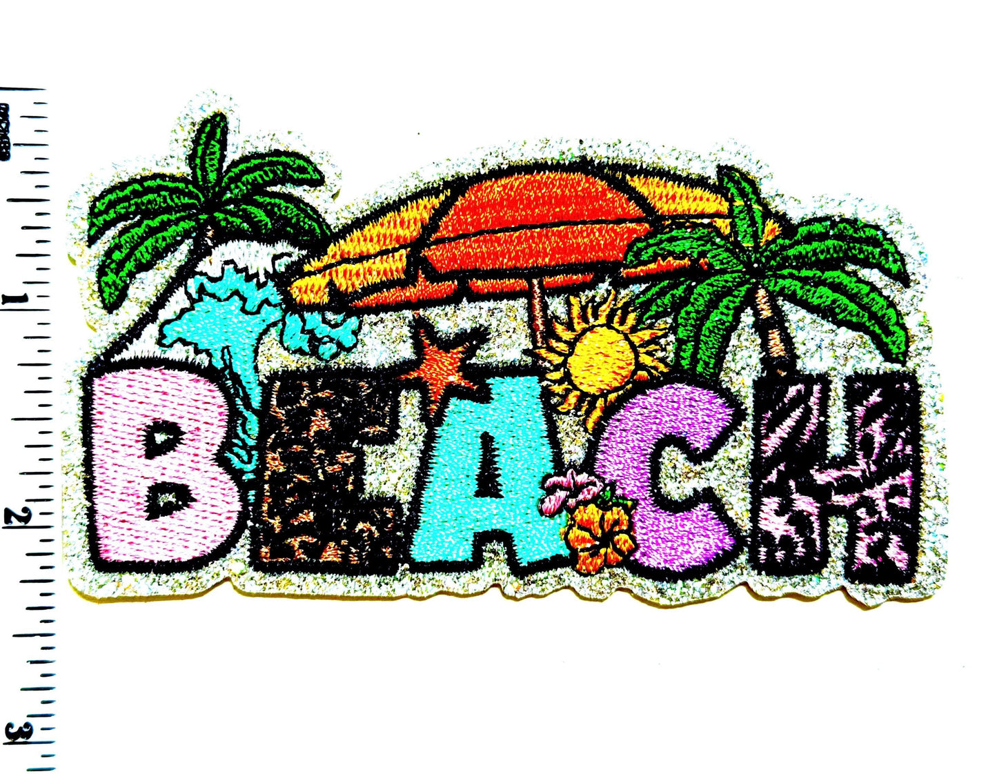 Beach patch  - Embroidered Iron on patch with silver glitter