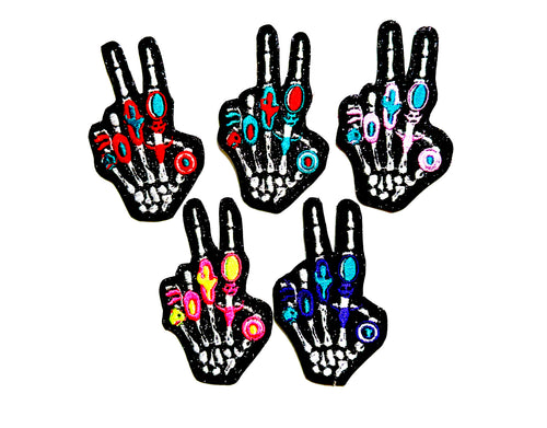 Skeleton Hand peace sign patches - Embroidered Iron on patches 3”